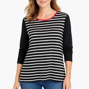Coldwater Creek Black and White Striped Long Sleeve Top with Red Trim 1X NWT